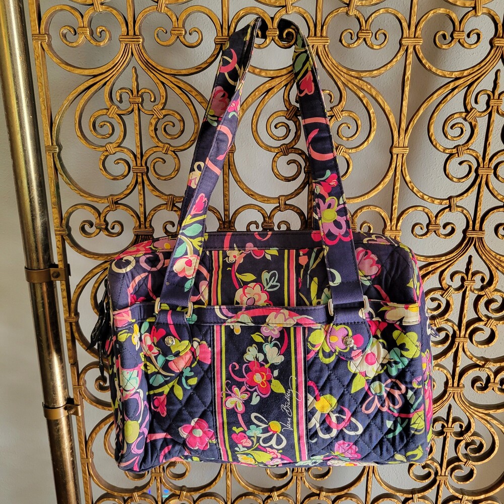 Vera Bradley Ribbons Caroline Shoulder Tote Dark Blue Quilted Cotton